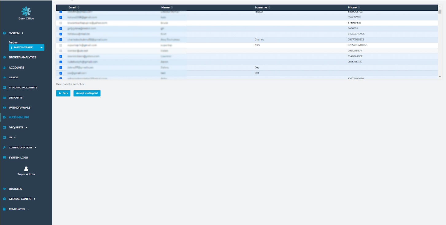 Mass mailing functionality