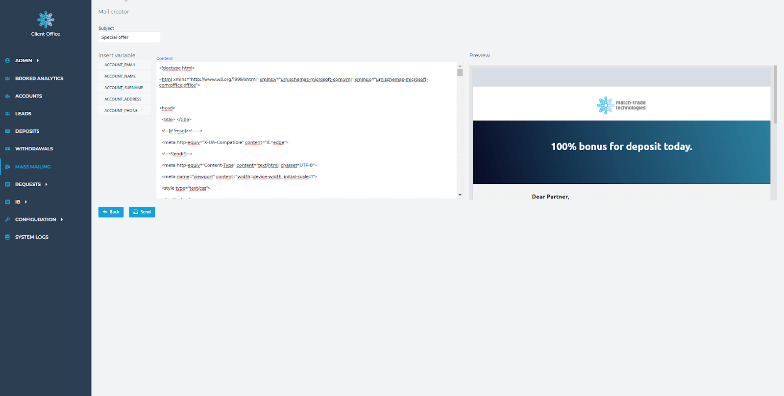Mass mailing functionality