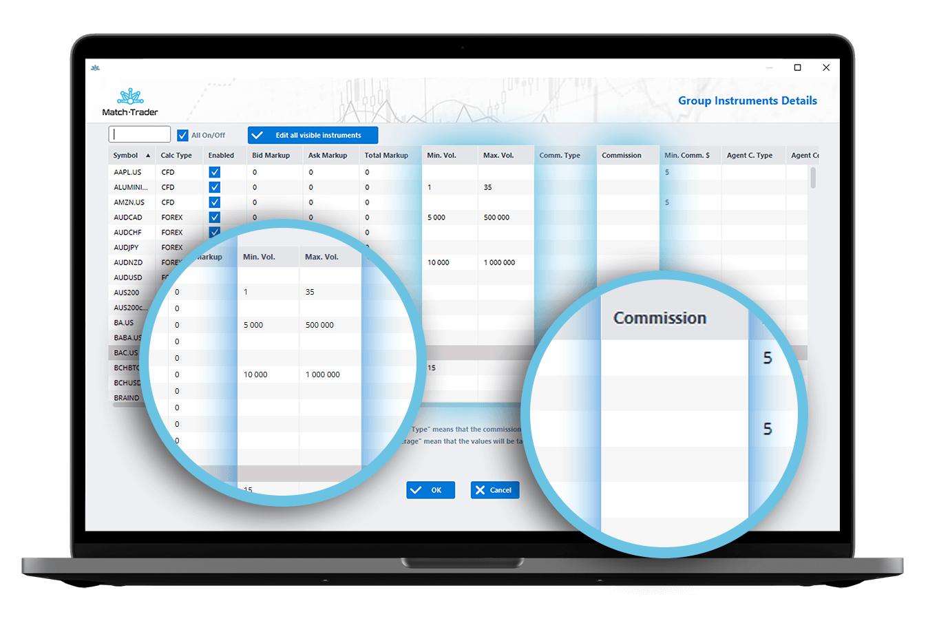 Min/max volume columns & minimum commission setting