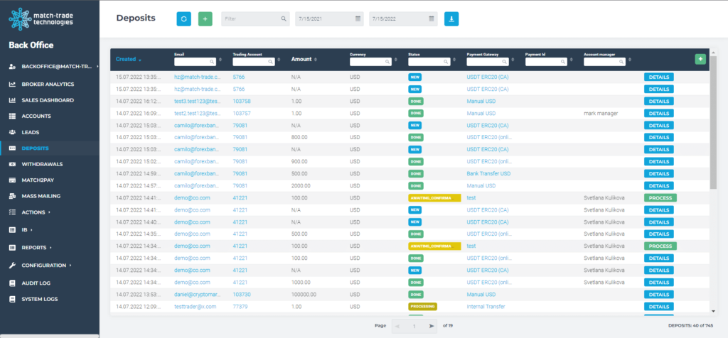 Account Manager column in the Deposits and Withdrawals tabs
